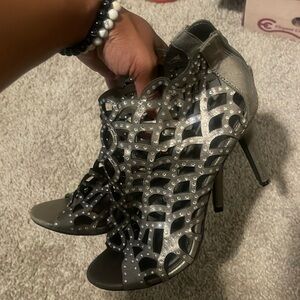 Women’s dark silver/ grey rhinestone bootie open toe 4 inches heels